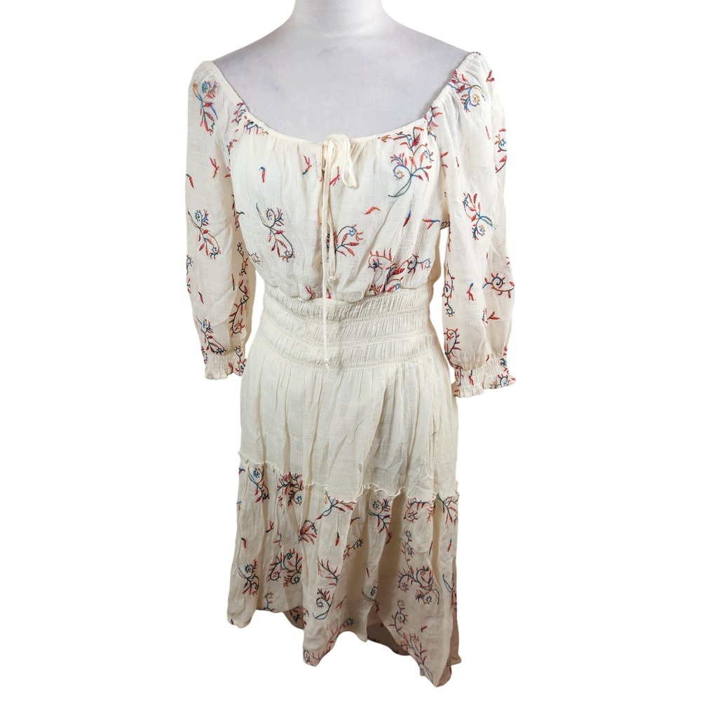 Fig & Flower Womens M Smocked Waist Embroidered Boho Midi Dress Cream Fairy NWT